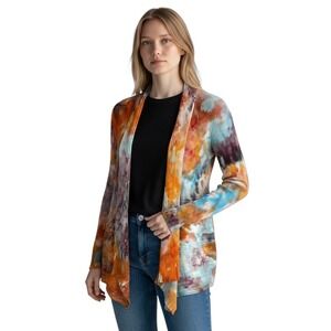 White House Black Market XS Cardigan Handmade Tie Dye Ribbed Open Front Knit 725